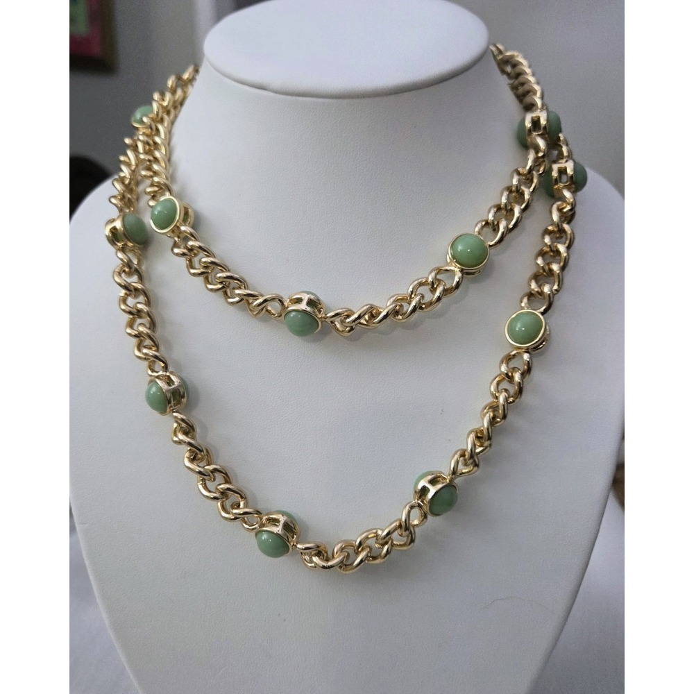 Banana Republic Sage Mint Green Beaded‎ Faux Jade Beads Necklace Gold Tone 35"